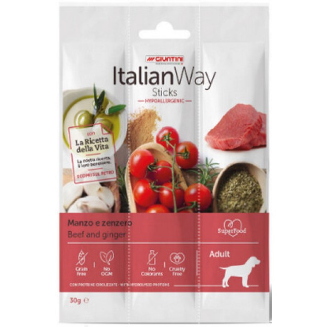 Giuntini Italian Way sticks σκύλου χωρίς δημητριακά υποαλλεργικό με γεύση βοδινού & τζίντζερ Giuntini Italian Way sticks σκύλου χωρίς δημητριακά υποαλλεργικό με γεύση βοδινού & τζίντζερ