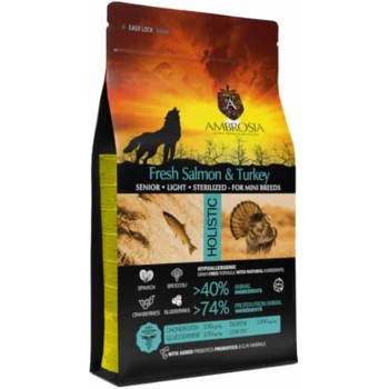 Ambrosia grain free adult Mini ηλικιωμένα, στειρωμένα σκυλιά με φρέσκο σολομό και γαλοπούλα 5kg Ambrosia grain free adult Mini ηλικιωμένα, στειρωμένα σκυλιά με φρέσκο σολομό και γαλοπούλα 5kg