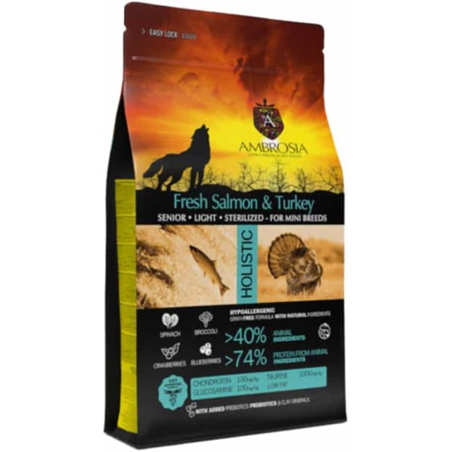Ambrosia grain free adult Mini ηλικιωμένα, στειρωμένα σκυλιά με φρέσκο σολομό και γαλοπούλα 5kg Ambrosia grain free adult Mini ηλικιωμένα, στειρωμένα σκυλιά με φρέσκο σολομό και γαλοπούλα 5kg