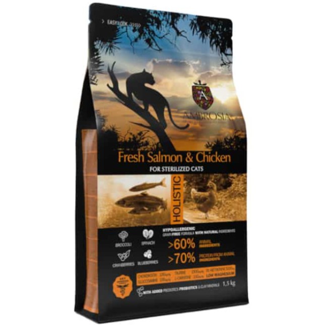 Ambrosia Grain Free Cat Adult Sterilized φρέσκος σολομός και κοτόπουλο 5kgr