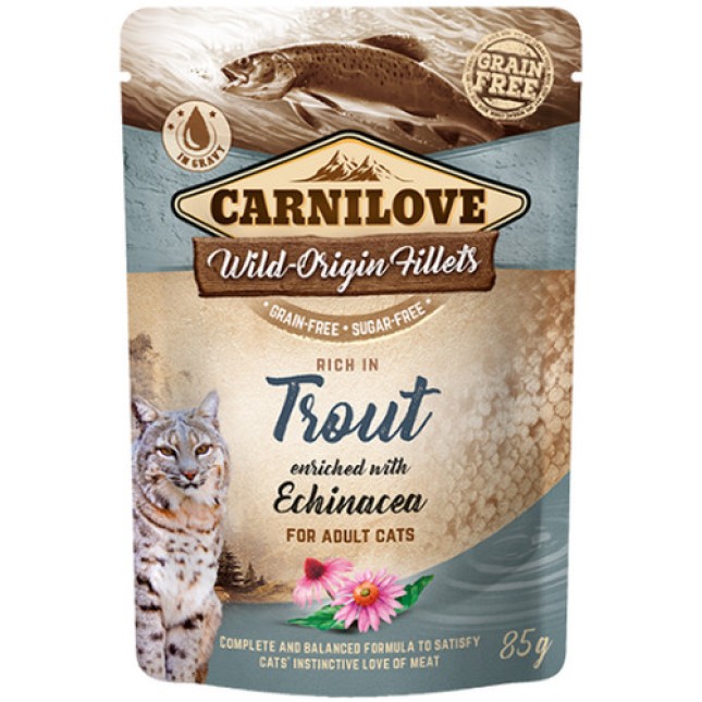 Carnilove Cat Πλήρης ολιστική τροφή σε φακελάκι, με υψηλή περιεκτικότητα σε κρέας πέστροφας 85gr