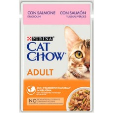Purina Cat Chow πλήρης τροφή για ενήλικες γάτες σε ζελέ με σολομό και πράσινα φασολάκια 85g