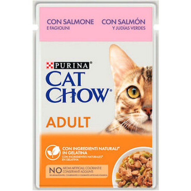 Purina Cat Chow πλήρης τροφή για ενήλικες γάτες σε ζελέ με σολομό και πράσινα φασολάκια 85g Purina Cat Chow πλήρης τροφή για ενήλικες γάτες σε ζελέ με σολομό και πράσινα φασολάκια 85g