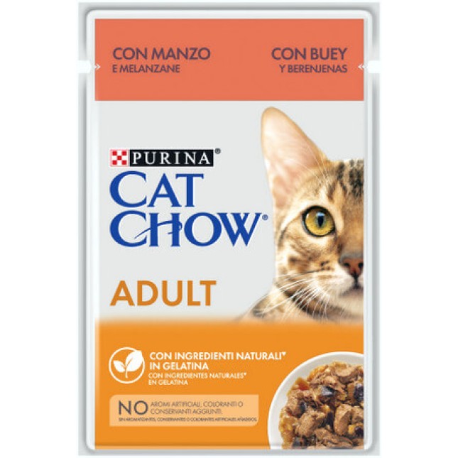 Purina Cat Chow πλήρης τροφή για ενήλικες γάτες σε ζελέ με βοδινό & μελιτζάνες 85g