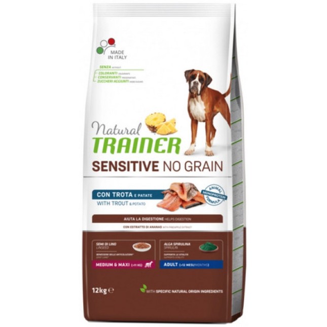 Natural Trainer Sensitive χωρίς σιτηρά για Medium - Maxi σκυλιά με πέστροφα και πατάτα 12kg