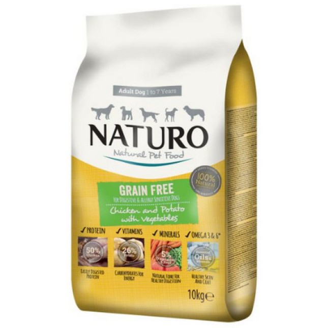 Naturo τροφή Grain Free για ενήλικα σκυλιά με κοτόπουλο, πατάτα και λαχανικά 10kg