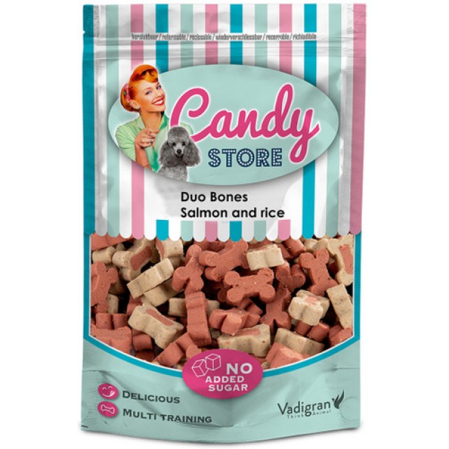 Vadigran Candy Μικρές και νόστιμες πολύχρωμες ημίυγρες λιχουδιές σε σχήμα κόκκαλου με σολομό & ρύζι