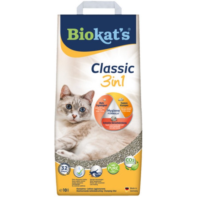 Biokat's Classic 3in1  άμμος υγιεινής γάτας  περιέχει 3 διαφορετικά μεγέθη κόκκων  10kg.