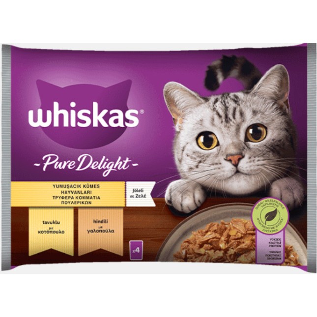 Whiskas 100% πλήρες και ισορροπημένο γεύμα με κοτόπουλο και γαλοπούλα σε ζελέ 4x85g