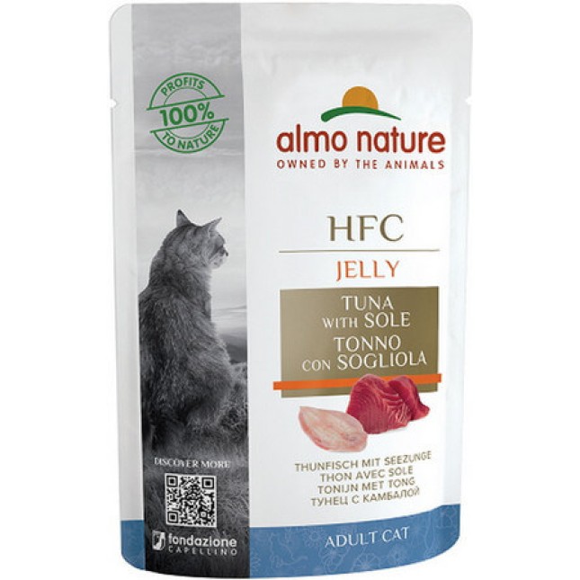 Almo Nature HFC Natural υγρή τροφή για γάτες κάθε ηλικίας σε ζελέ με τόνο και γλώσσα 55g Almo Nature HFC Natural υγρή τροφή για γάτες κάθε ηλικίας σε ζελέ με τόνο και γλώσσα 55g