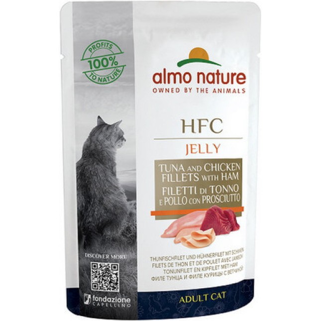 Almo Nature HFC Natura υγρή τροφή για γάτες κάθε ηλικίας σε ζελέ με τόνο και κοτόπουλο & ζαμπόν 55g Almo Nature HFC Natura υγρή τροφή για γάτες κάθε ηλικίας σε ζελέ με τόνο και κοτόπουλο & ζαμπόν 55g