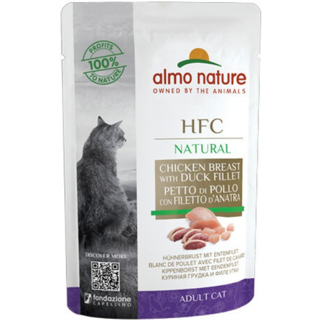 Almo Nature HFC Natural υγρή τροφή για γάτες κάθε ηλικίας με φιλέτο στήθους κοτόπουλου & πάπιας 55g