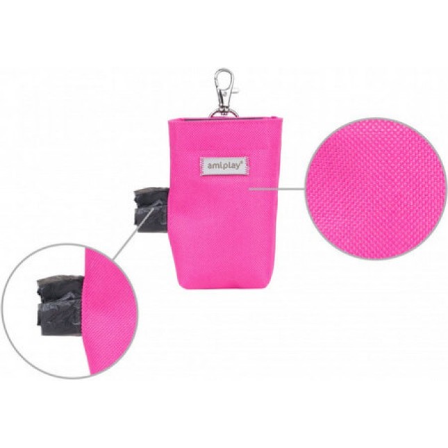 Amiplay-Θήκη για σακούλες ακαθαρσιών SAMBA ροζ με καραμπίνερ και κλείσιμο Velcro 6 x 2 x 11cm