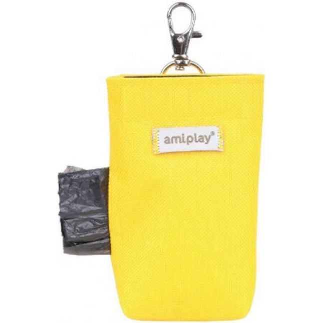 Amiplay-Θήκη για σακούλες ακαθαρσιών SAMBA κίτρινό με καραμπίνερ και κλείσιμο Velcro 6 x 2 x 11cm