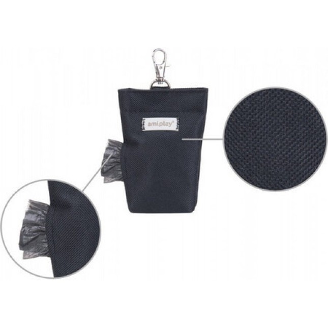 Amiplay-Θήκη για σακούλες ακαθαρσιών SAMBA μαύρο με καραμπίνερ και κλείσιμο Velcro 6 x 2 x 11cm