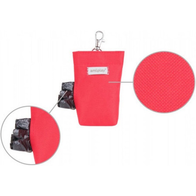 Amiplay-Θήκη για σακούλες ακαθαρσιών SAMBA κόκκινο με καραμπίνερ και κλείσιμο Velcro 6 x 2 x 11cm