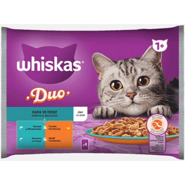 Whiskas φακελάκι Duo με Μπακαλιάρο & Κοτόπουλο / Σολομό &Γαλοπούλα σε Ζελέ 4x85g