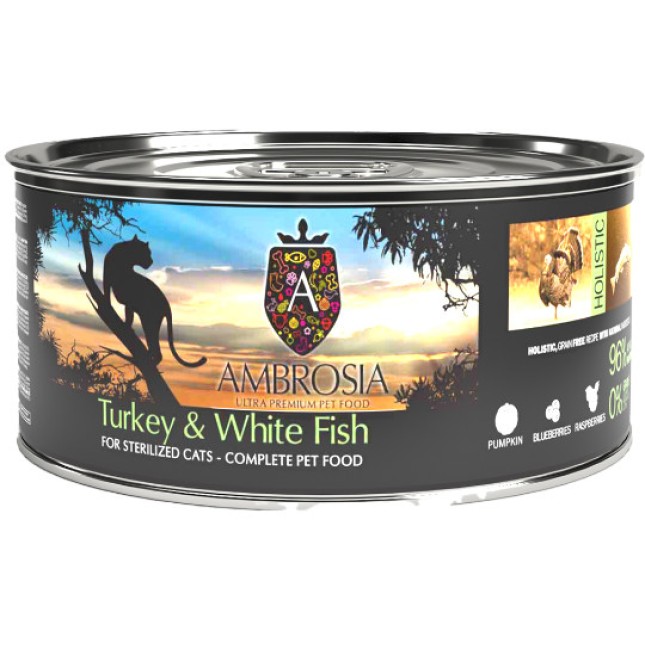Ambrosia Υγρή τροφή για στειρωμένες γάτες με γαλοπούλα και λευκό ψάρι χωρίς σιτηρά 150gr Ambrosia Υγρή τροφή για στειρωμένες γάτες με γαλοπούλα και λευκό ψάρι χωρίς σιτηρά 150gr