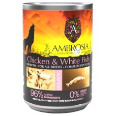 Ambrosia Πλήρης τροφή για κουτάβια, όλων των φυλών, με κοτόπουλο και λευκό ψάρι χωρίς σιτηρά 400gr