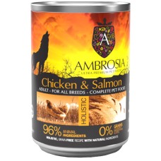 Ambrosia Πλήρης τροφή για ενήλικες  σκύλους, όλων των φυλών, με κοτόπουλο και  σολομό 400gr