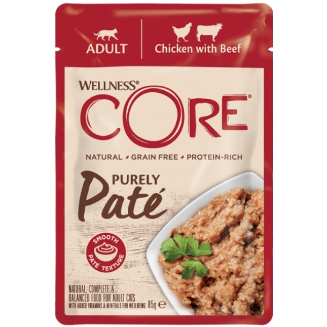 Wellness Core τροφή για ενήλικες γάτες με paté κοτόπουλο και βοδινό 85g
