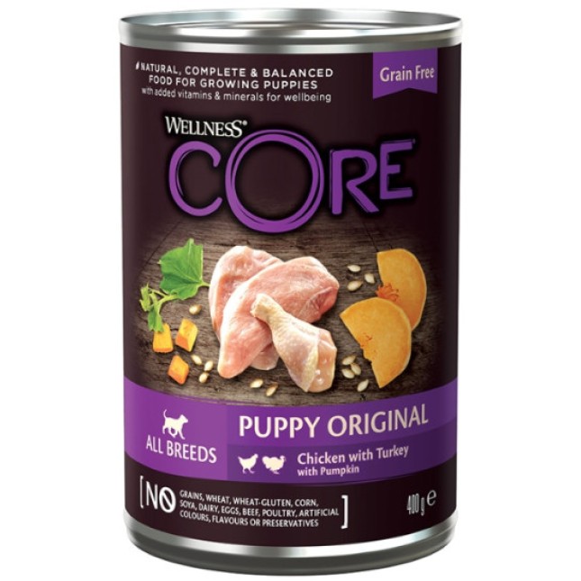 Wellness Core Πλήρης τροφή για κουτάβια με κοτόπουλο, γαλοπούλα και κολοκύθα 400g