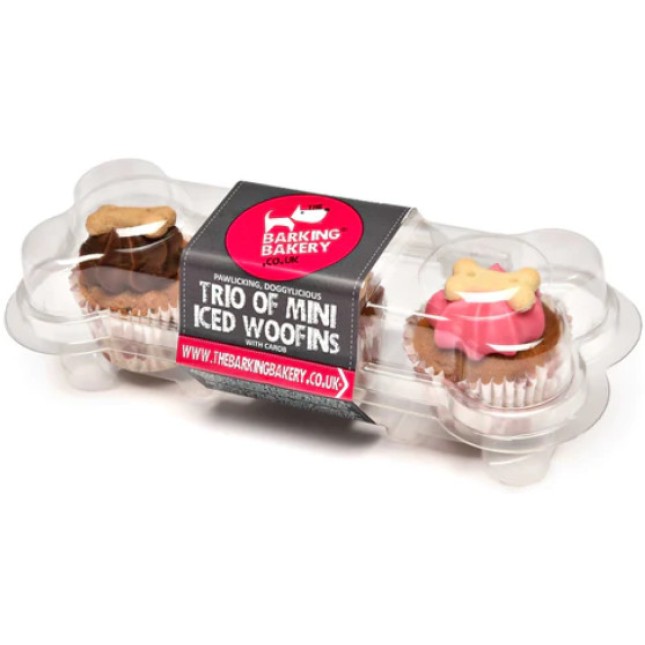 Barking Bakery 3 mini Woofins από παντεσπάνι βανίλιας διακοσ΅η΅ένα με γλάσο γιαουρτιού