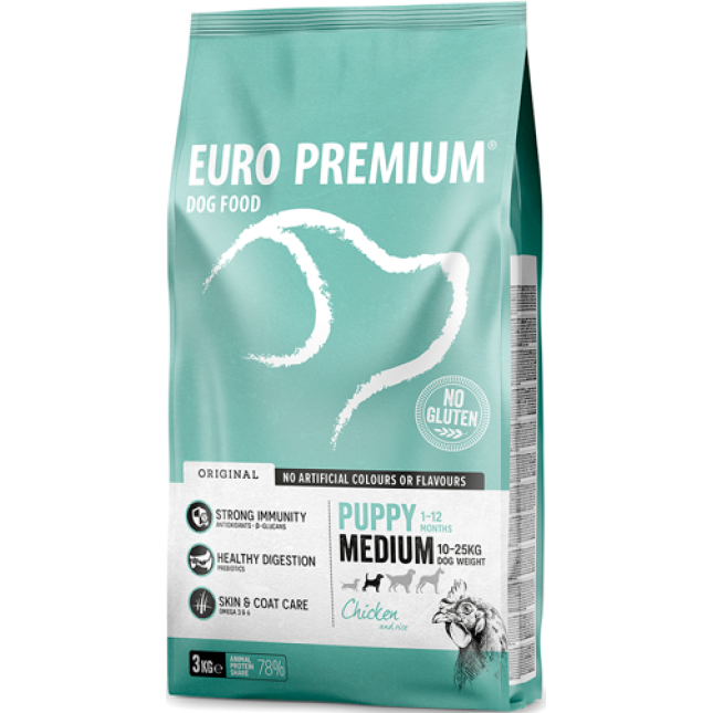 EuroPremium για medium  κουτάβι με κοτόπουλο & ρύζι 3kg