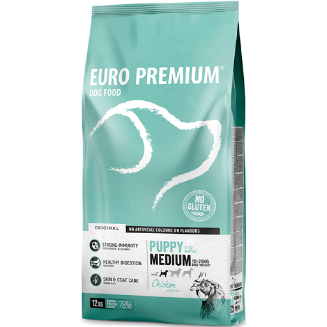 EuroPremium για medium  κουτάβι με κοτόπουλο & ρύζι 12kg