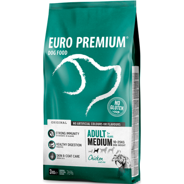 EuroPremium πλούσια σε ενέργεια τροφή για μεσαίο ενήλικα σκύλο με κοτόπουλο & ρύζι