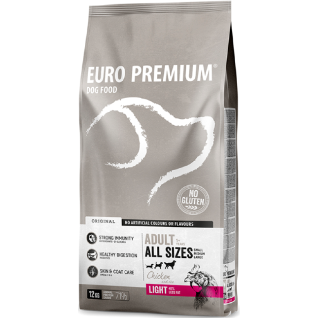 EuroPremium για ενήλικες σκύλους light με κοτόπουλο & ρύζι 12kg