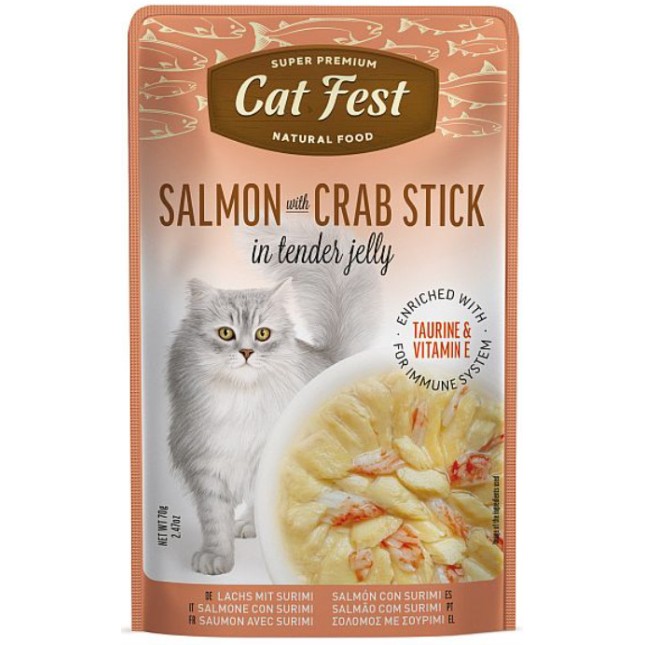 PetFest Φιλέτα σολομού με καβούρι σε ζελέ για ενήλικες γάτες 70gr PetFest Φιλέτα σολομού με καβούρι σε ζελέ για ενήλικες γάτες 70gr