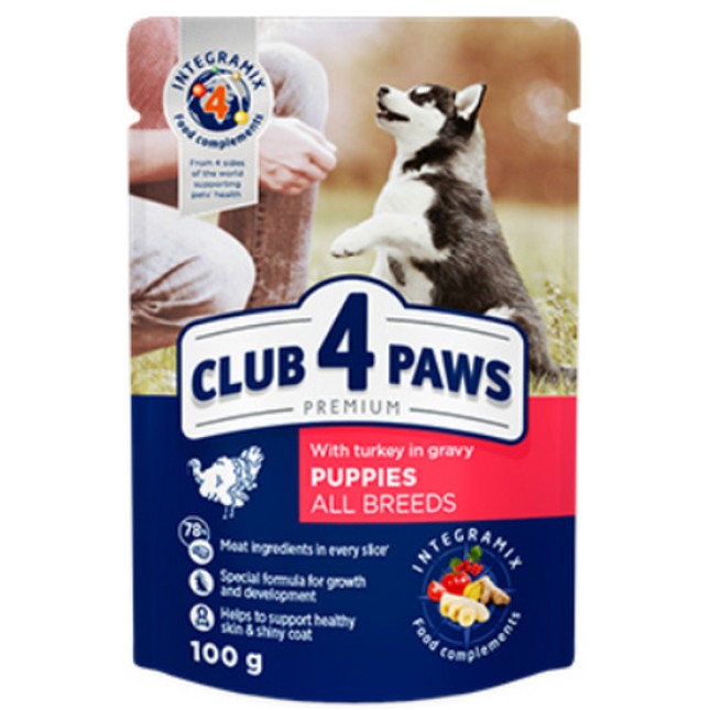 Kormotech Club 4 Paws υγρή τροφή υψηλής ποιότητας για κουτάβια όλων των φυλών με γαλοπούλα 100gr