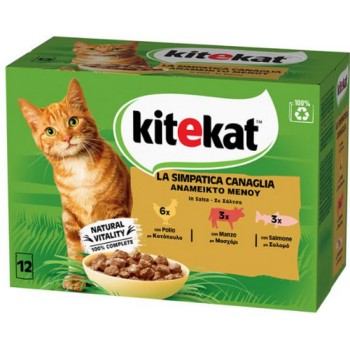 Kitekat Πλήρης τροφή για ενήλικες γάτες με με κοτόπουλο, μοσχάρι και σολομό σε σάλτσα 12 x 85gr