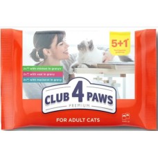 Kormotech Club 4 Paws Πλήρης υγρή τροφή για ενήλικες γάτες με Kοτόπουλο/Βοδινό/Σκουμπρί 5+1 x80gr Kormotech Club 4 Paws Πλήρης υγρή τροφή για ενήλικες γάτες με Kοτόπουλο/Βοδινό/Σκουμπρί 5+1 x80gr