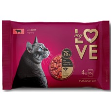 Kormotech MY LOVE Υγρή Τροφή για ενήλικες γάτες με κομματάκια βοδινό σε σάλτσα 4x85gr